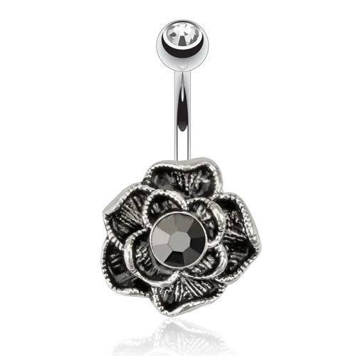 Surgical Steel Belly Button Navel Ring Bar with Vintage Antique Black Flower Stud