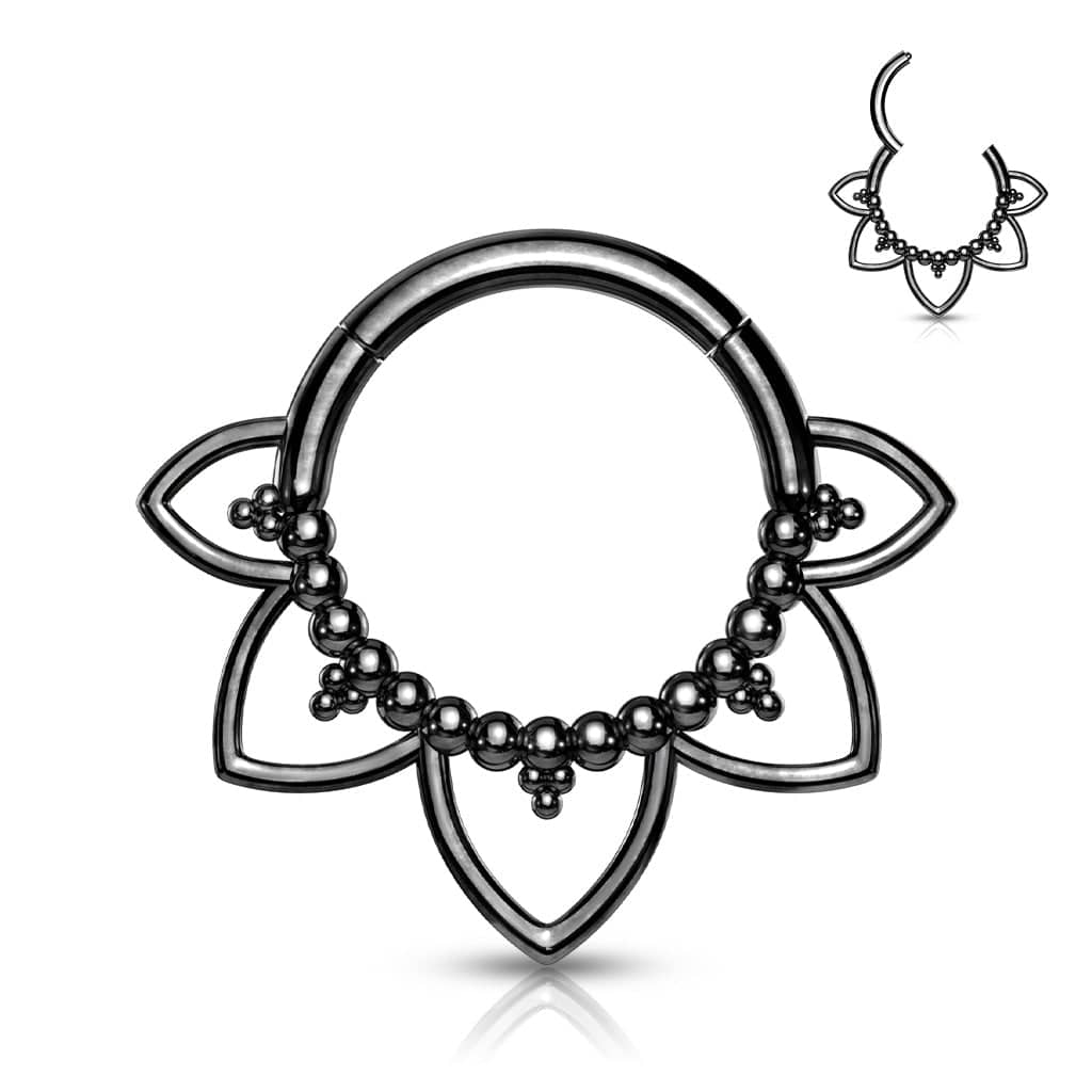 Surgical Steel Black PVD Floral Tribal Hinged Septum Ring Hoop Clicker