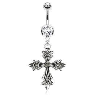 Surgical Steel Clear Vintage Gothic Cross Crucifix Belly Ring