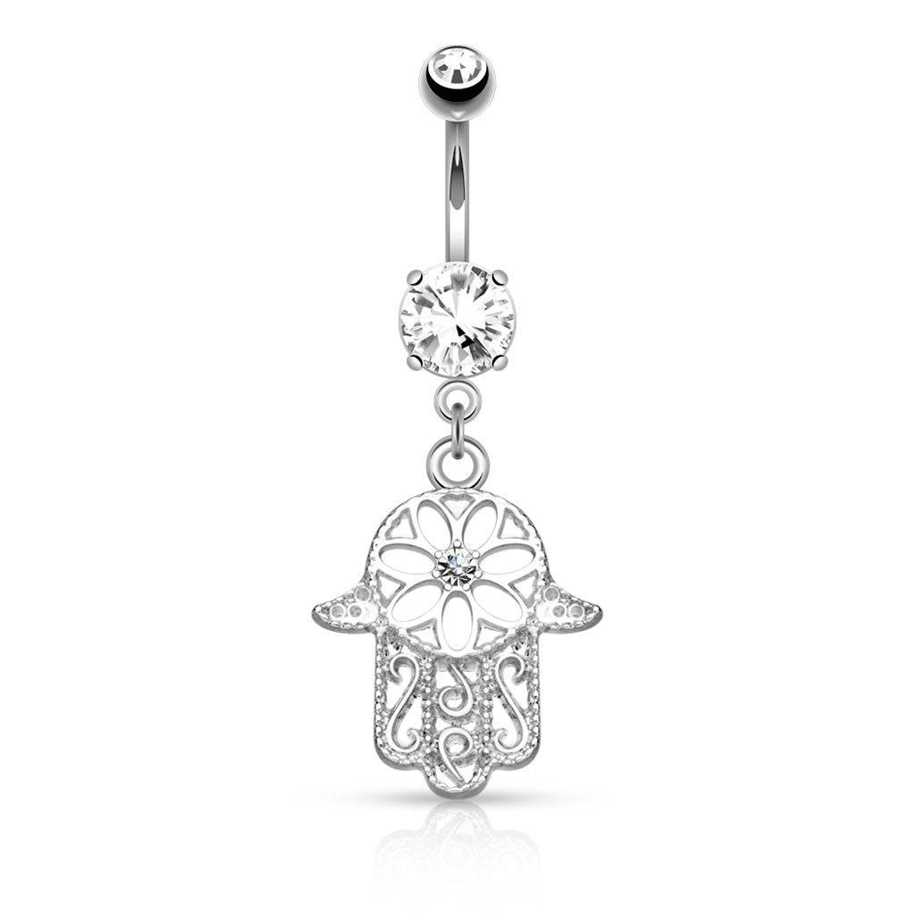 Surgical Steel Floral Hamsa Hand of Fatima CZ Dangling Belly Button Navel Ring