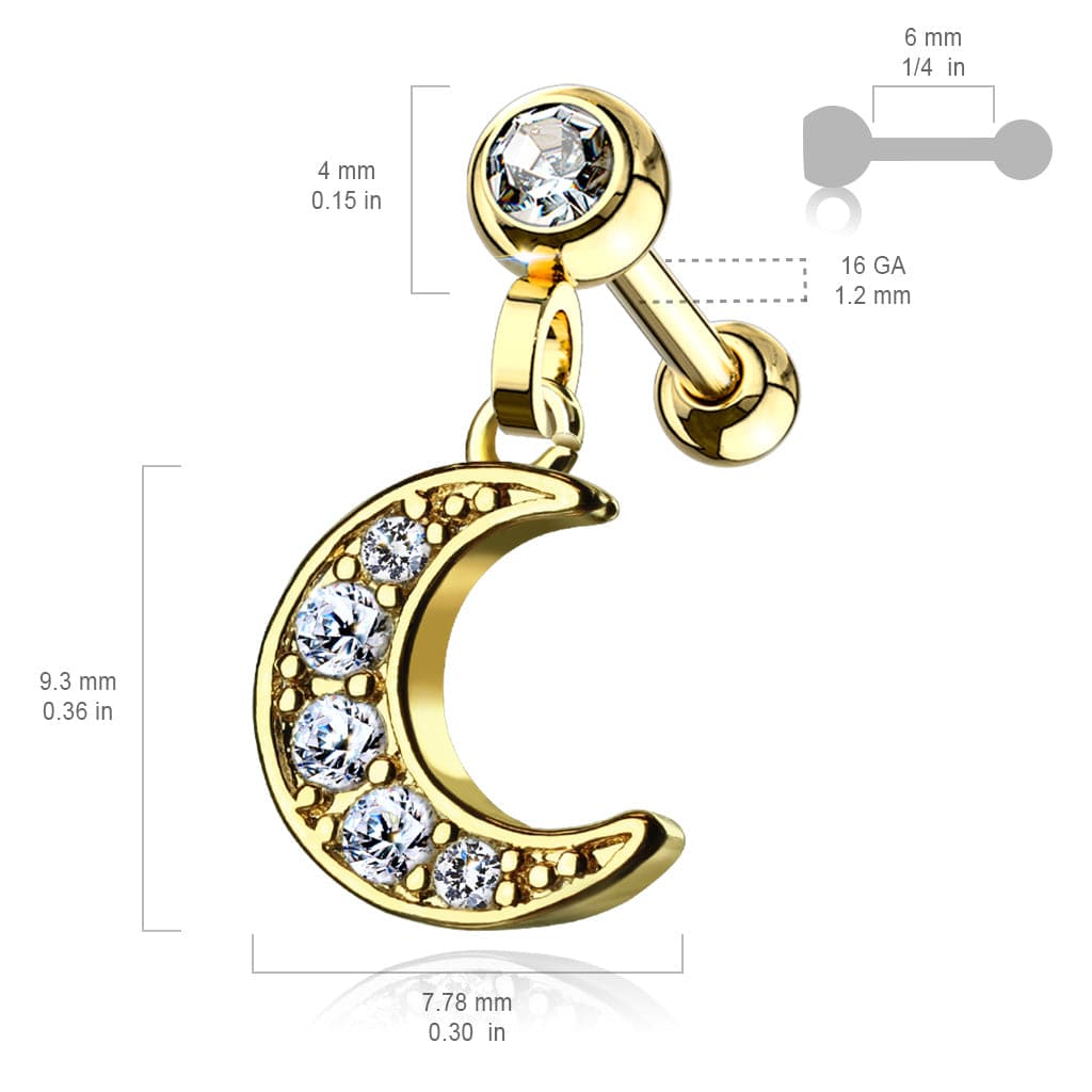 Surgical Steel Gold Plated Ball Back Crescent Moon White CZ Dangle Cartilage Ring