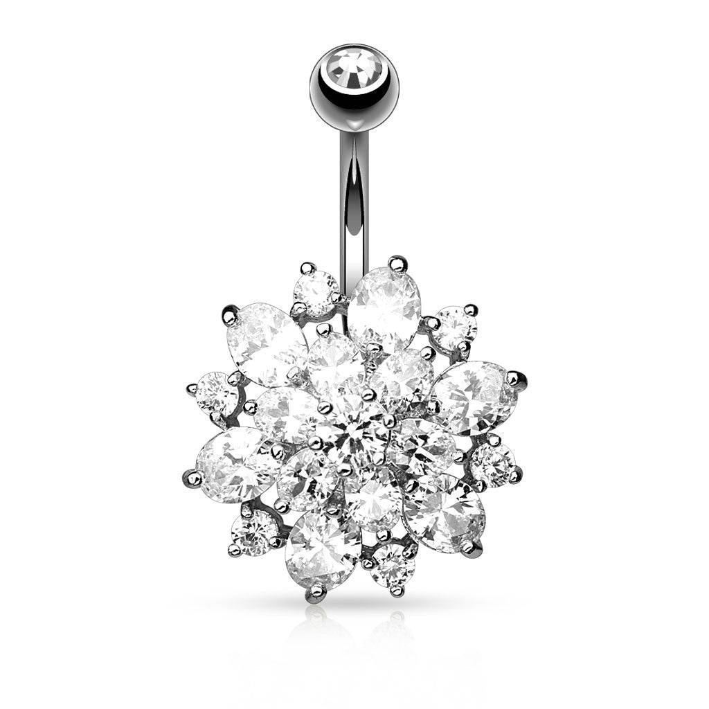 Surgical Steel Multi CZ Crystal Flower Belly Button Navel Ring