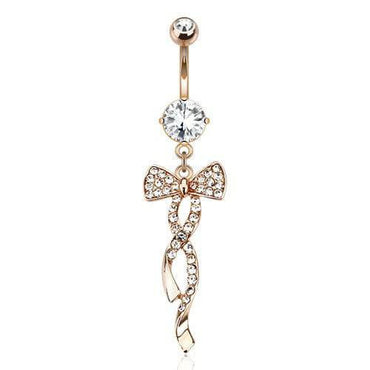 Surgical Steel Rose Gold Plated Dangling Gemmed Swirl Ribbon Belly Button Navel Ring Surgical Steel Rose Gold Plated Dangling Gemmed Swirl Ribbon Belly Button Navel Ring