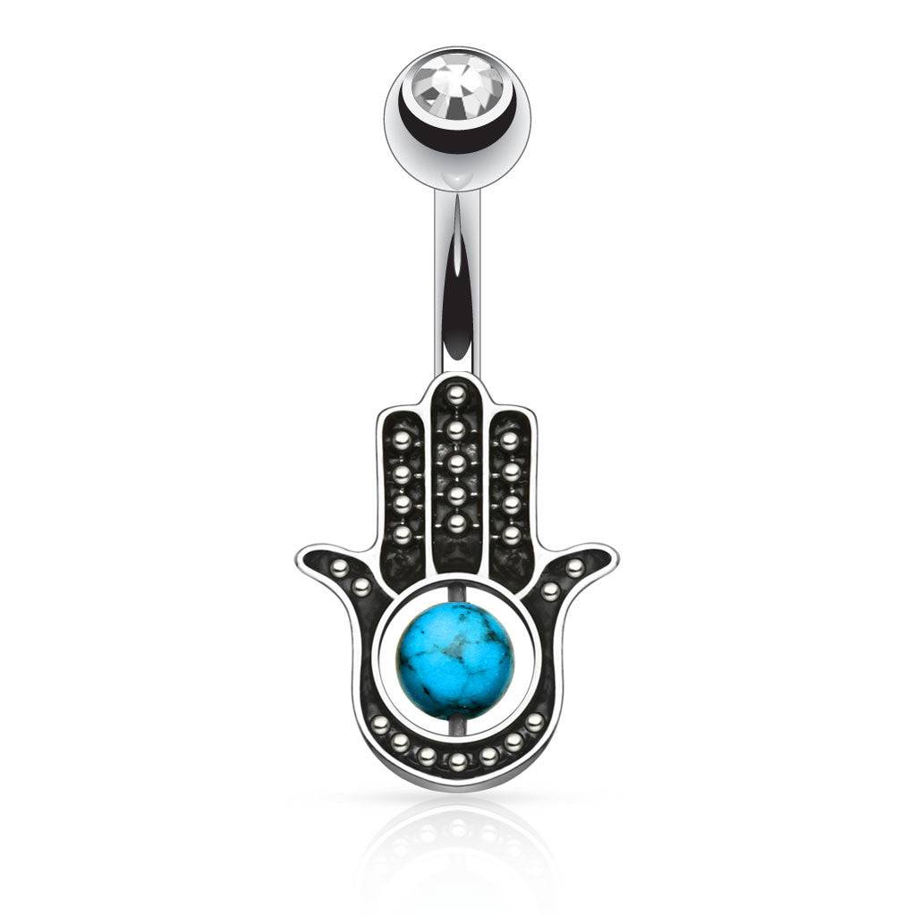 Surgical Steel Turquoise Palm Hamsa Hand of Fatima Belly Button Navel Ring