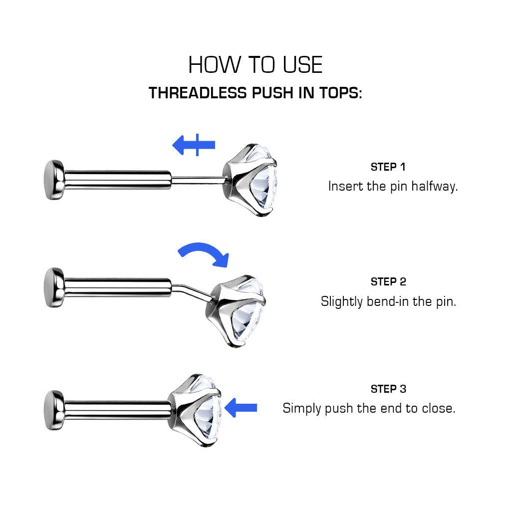 Implant Grade Titanium Black PVD Threadless Push In Labret White Studded CZ Cross