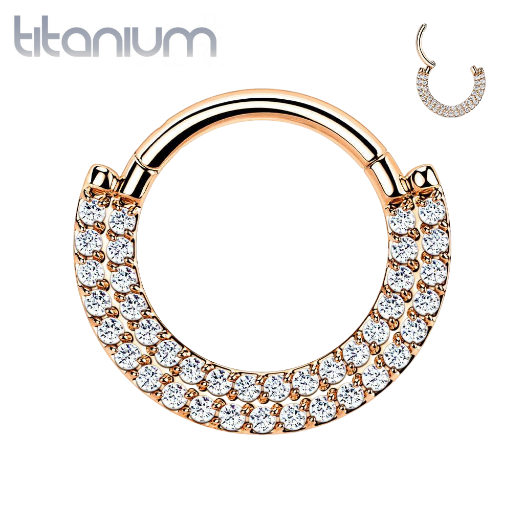 Implant Grade Titanium Rose Gold PVD Double Row White CZ Pave Daith Ring Clicker Hoop