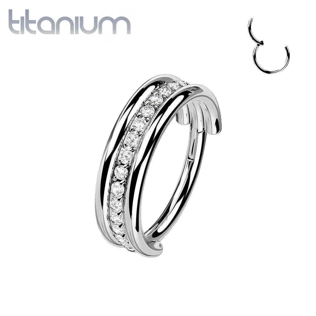 Implant Grade Titanium White CZ Pave Center Hinged Clicker Hoop