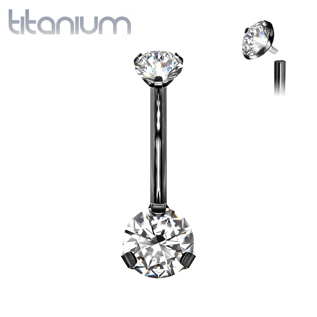 Implant Grade Titanium Internally Threaded Black PVD White CZ Prong Belly Button Navel Ring