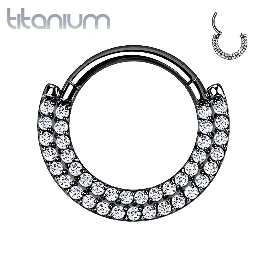 Implant Grade Titanium Black PVD Double Row White CZ Pave Daith Ring Clicker Hoop