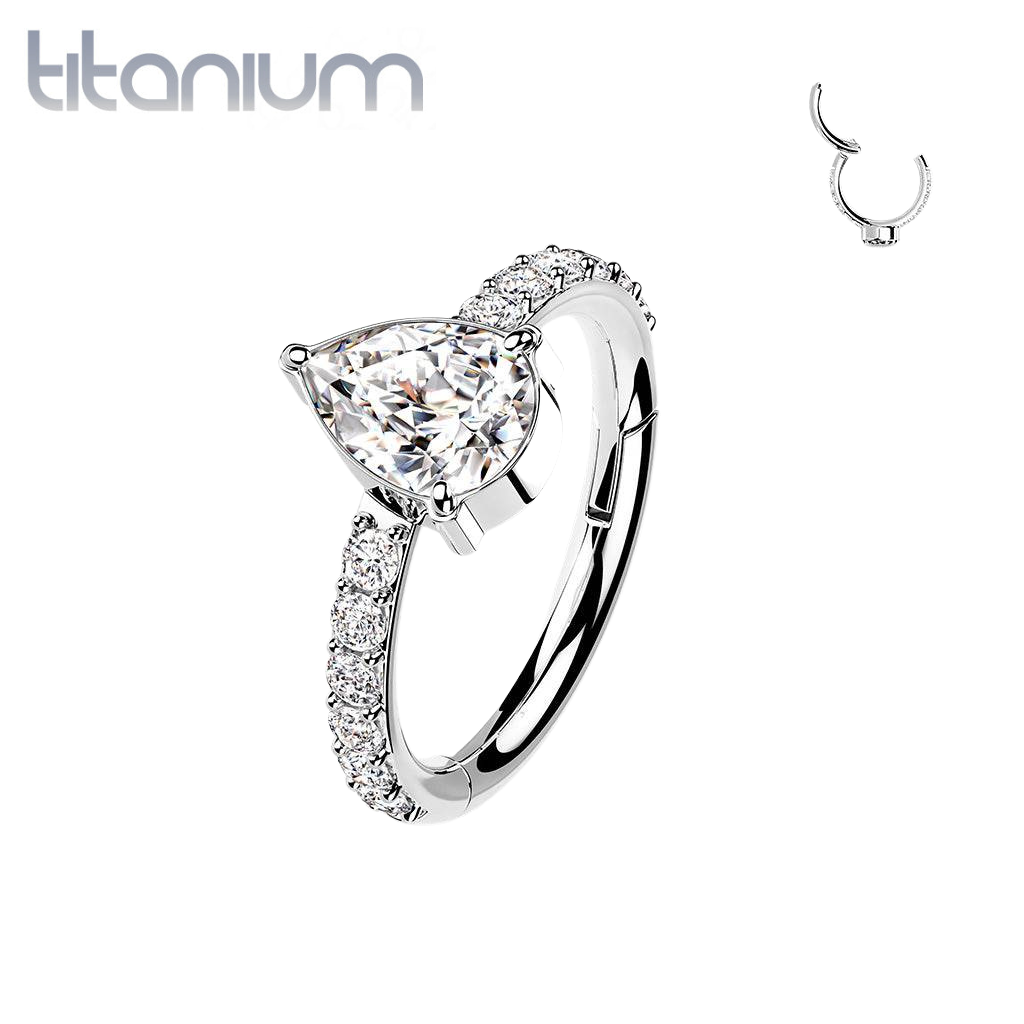 Implant Grade Titanium White CZ With Pear Shaped Center Hinged Clicker Hoop