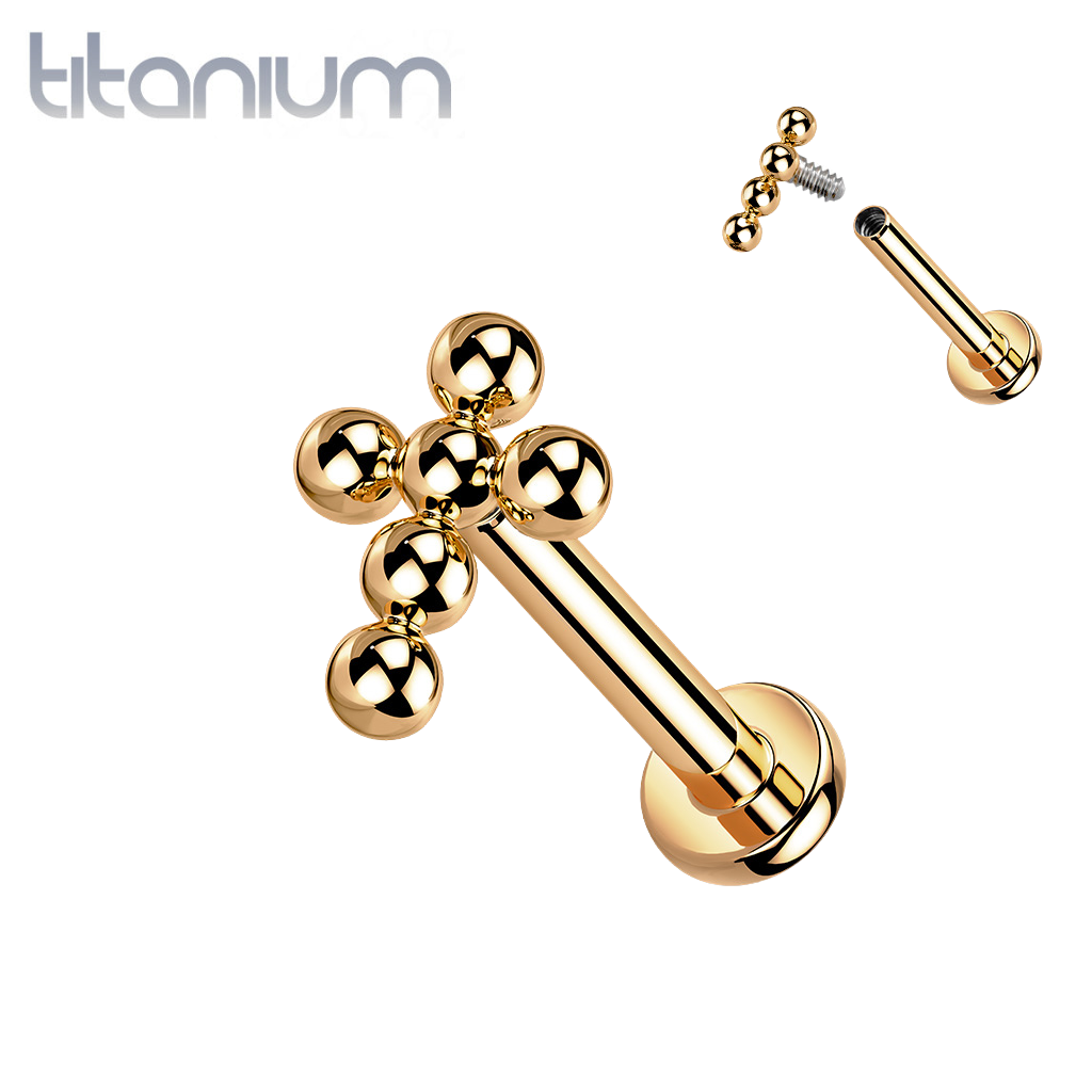 Implant Grade Titanium Rose Gold PVD Beaded Dainty Cross Internally Threaded Labret