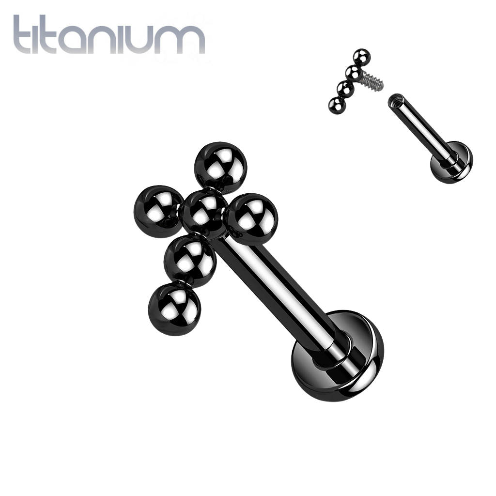 Implant Grade Titanium Black PVD Beaded Dainty Cross Internally Threaded Labret