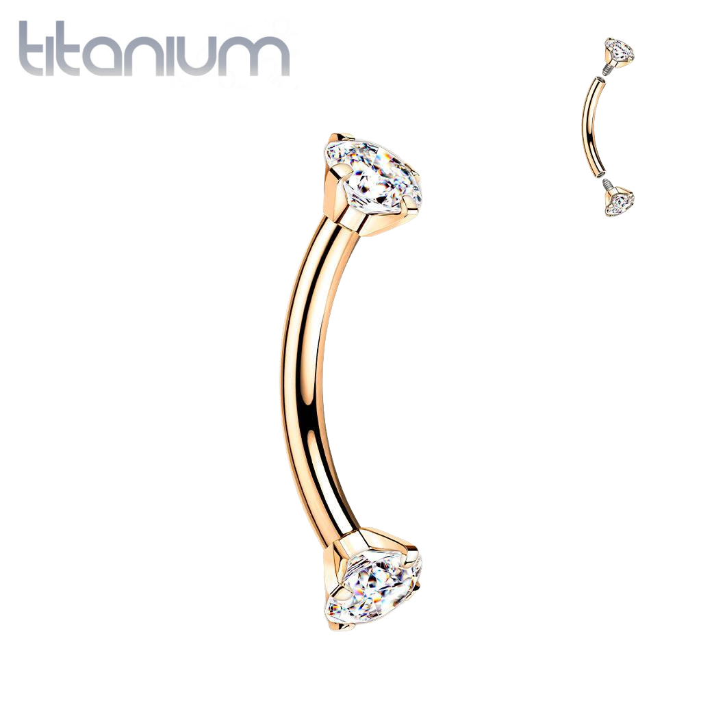 Implant Grade Titanium Rose Gold PVD Curved Barbell Internally Threaded White CZ