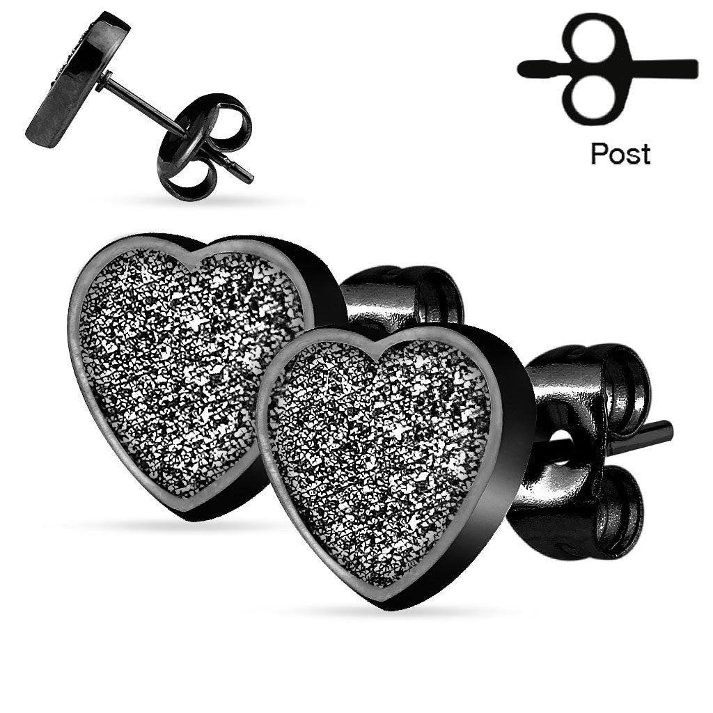 316L Surgical Steel Sand Paper Ultra Glitter Heart Earring Studs